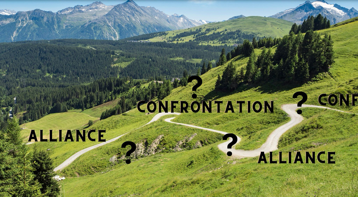 Paysage de montagne avec les expressions "Alliance" et "Confrontation"